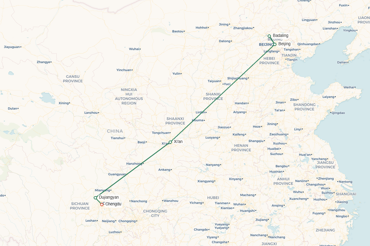Chengdu to Beijing · Three Capitals Cultural Trail – 11 Days 10 Nights route map