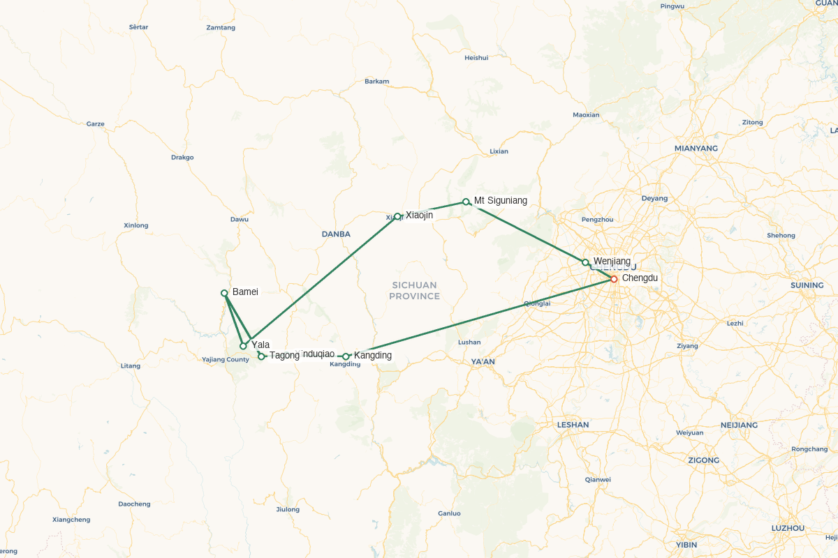 Western Sichuan · Snow Peaks & Tibetan Highlands – 8 Days 7 Nights route map