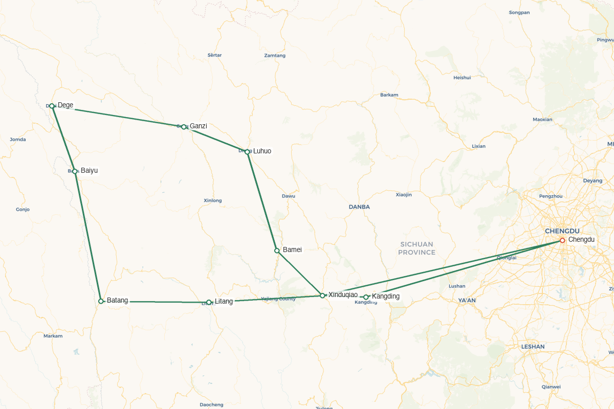 Western Sichuan · Plateau Temples & Tibetan Craft – 14 Days 13 Nights route map