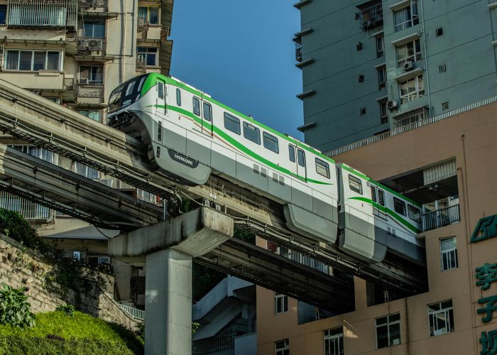 Liziba monorail entering apartment building in Chongqing