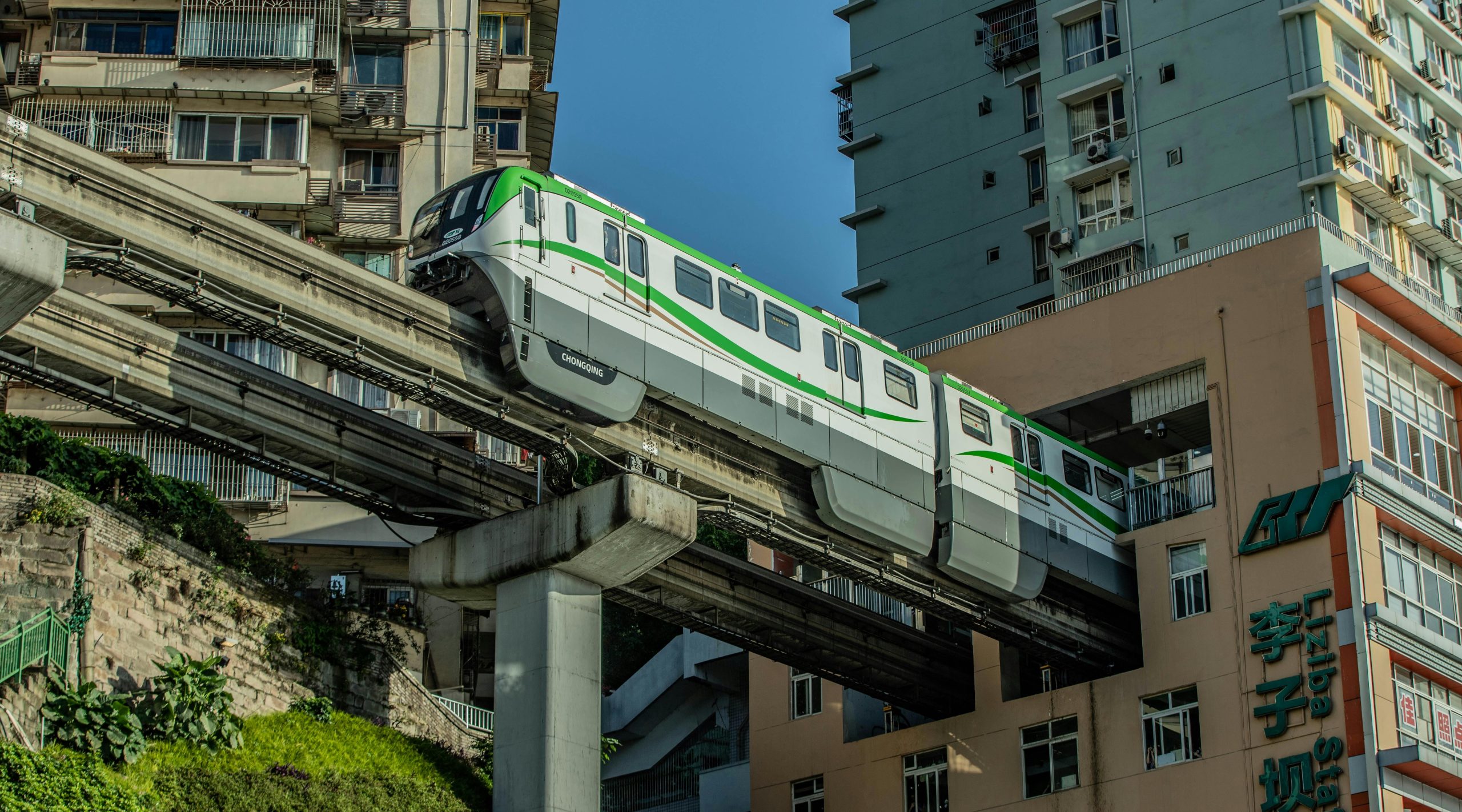 Liziba monorail entering apartment building in Chongqing