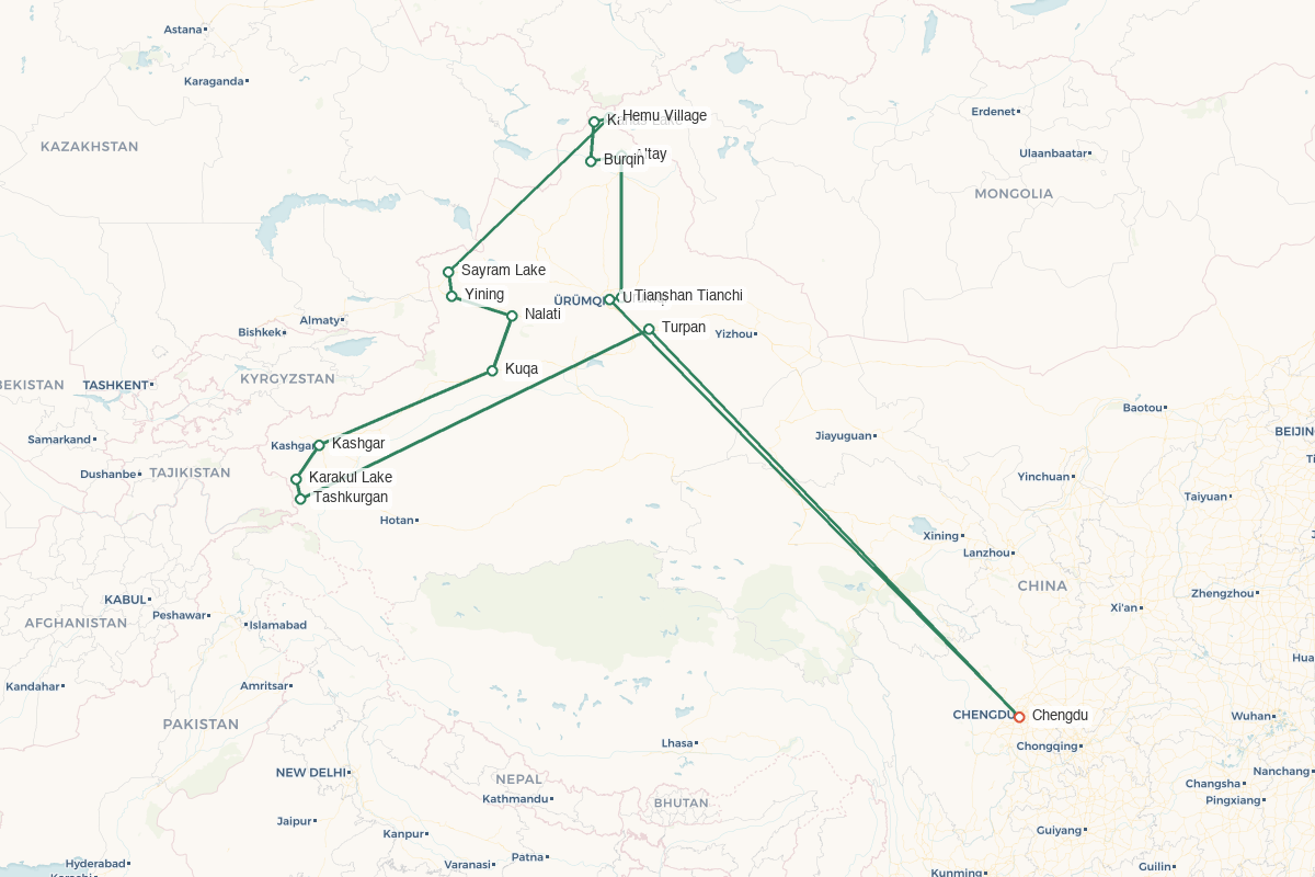 Xinjiang · Silk Road by Luxury Train – 16 Days 15 Nights route map