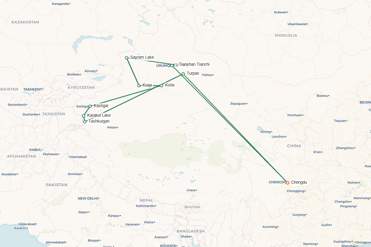 Southern Xinjiang · Silk Road by Panda Train – 13 Days 12 Nights route map