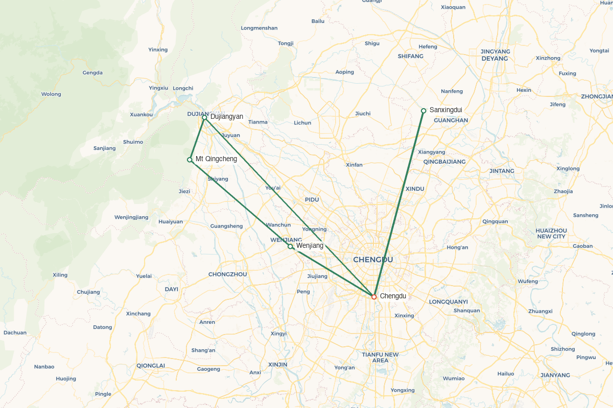 Chengdu · Pandas Taoist Mountains & Tibetan Craft – 7 Days 6 Nights route map