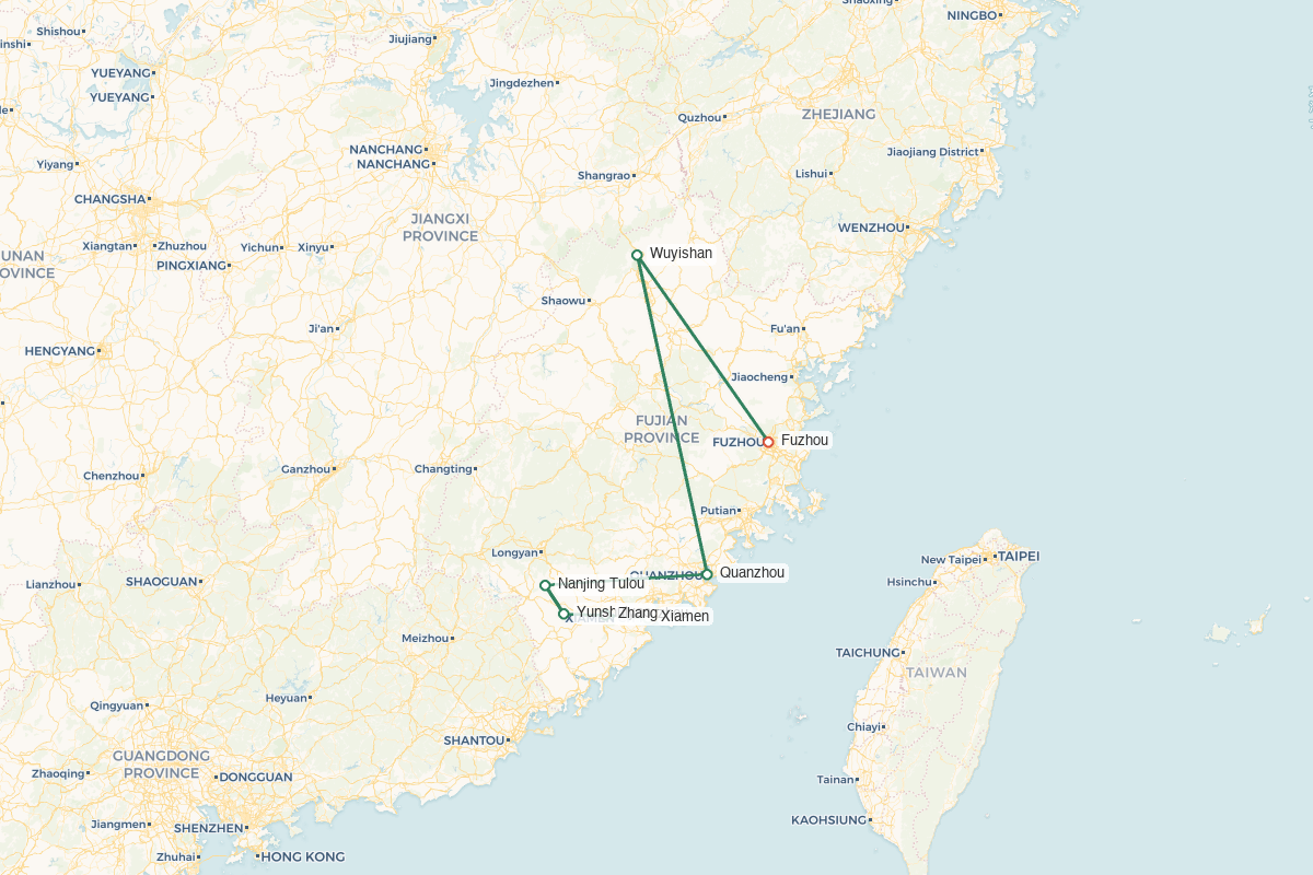 Fujian · Tea Hills Tulou & Maritime Silk Road – 12 Days 11 Nights route map