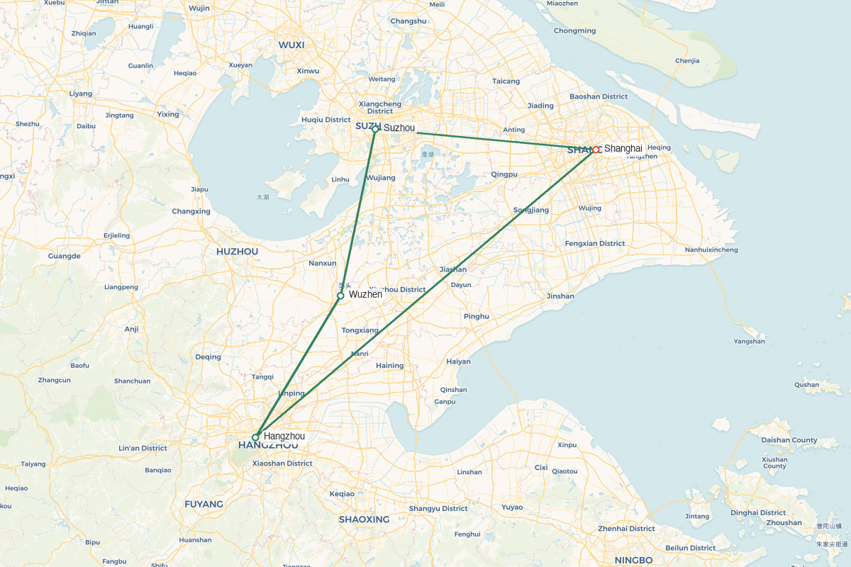 Shanghai · Suzhou · Hangzhou · Classic Jiangnan Grand Tour – 12 Days 11 Nights route map