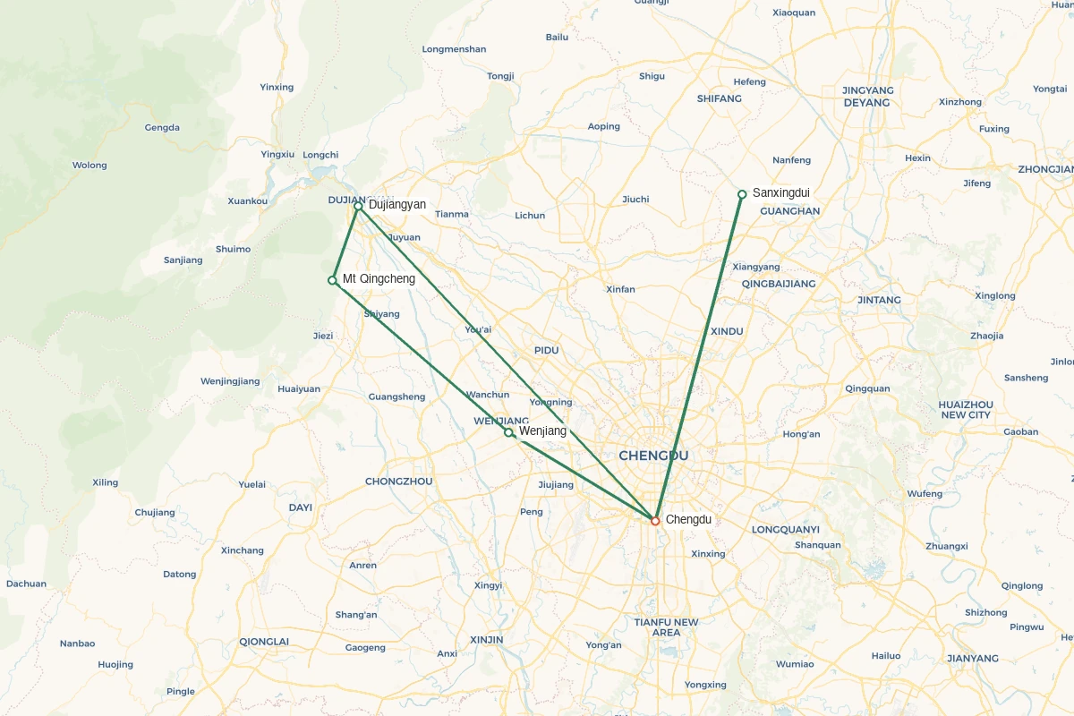Chengdu · Pandas Taoist Mountains & Tibetan Craft – 7 Days 6 Nights route map