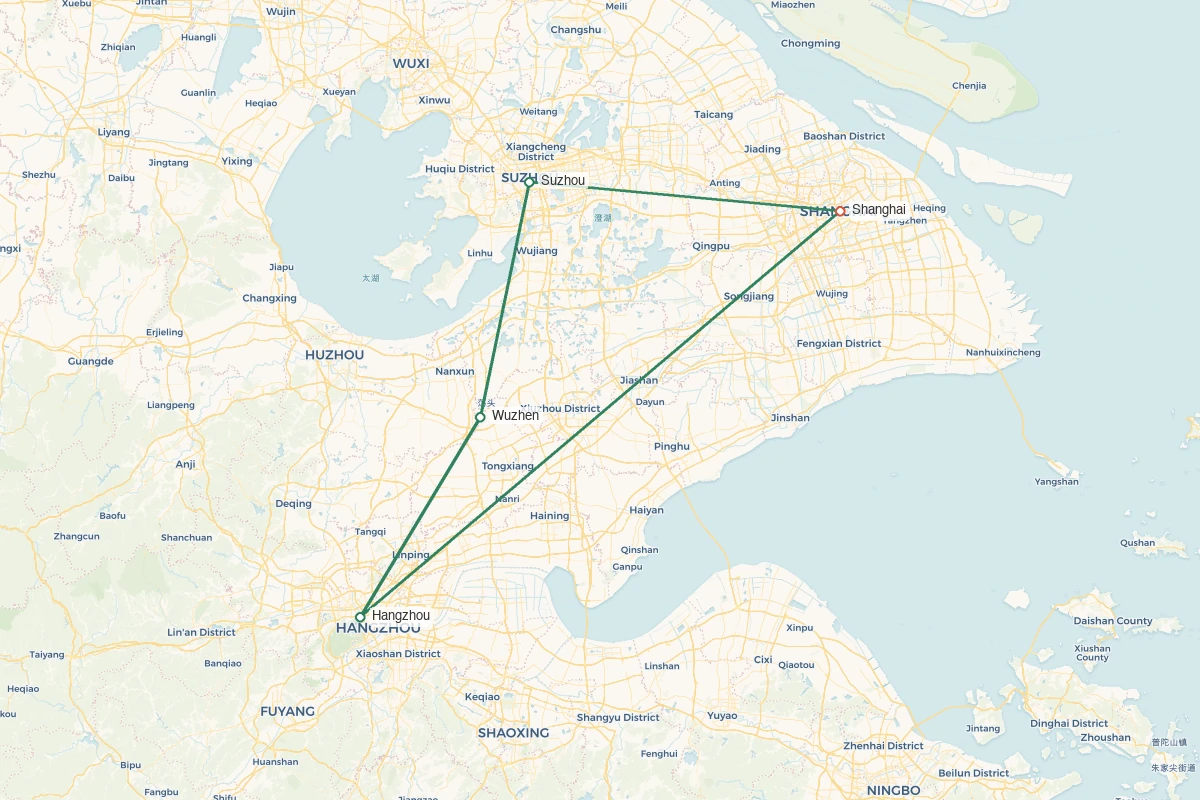 Shanghai · Suzhou · Hangzhou · Classic Jiangnan Grand Tour – 12 Days 11 Nights route map