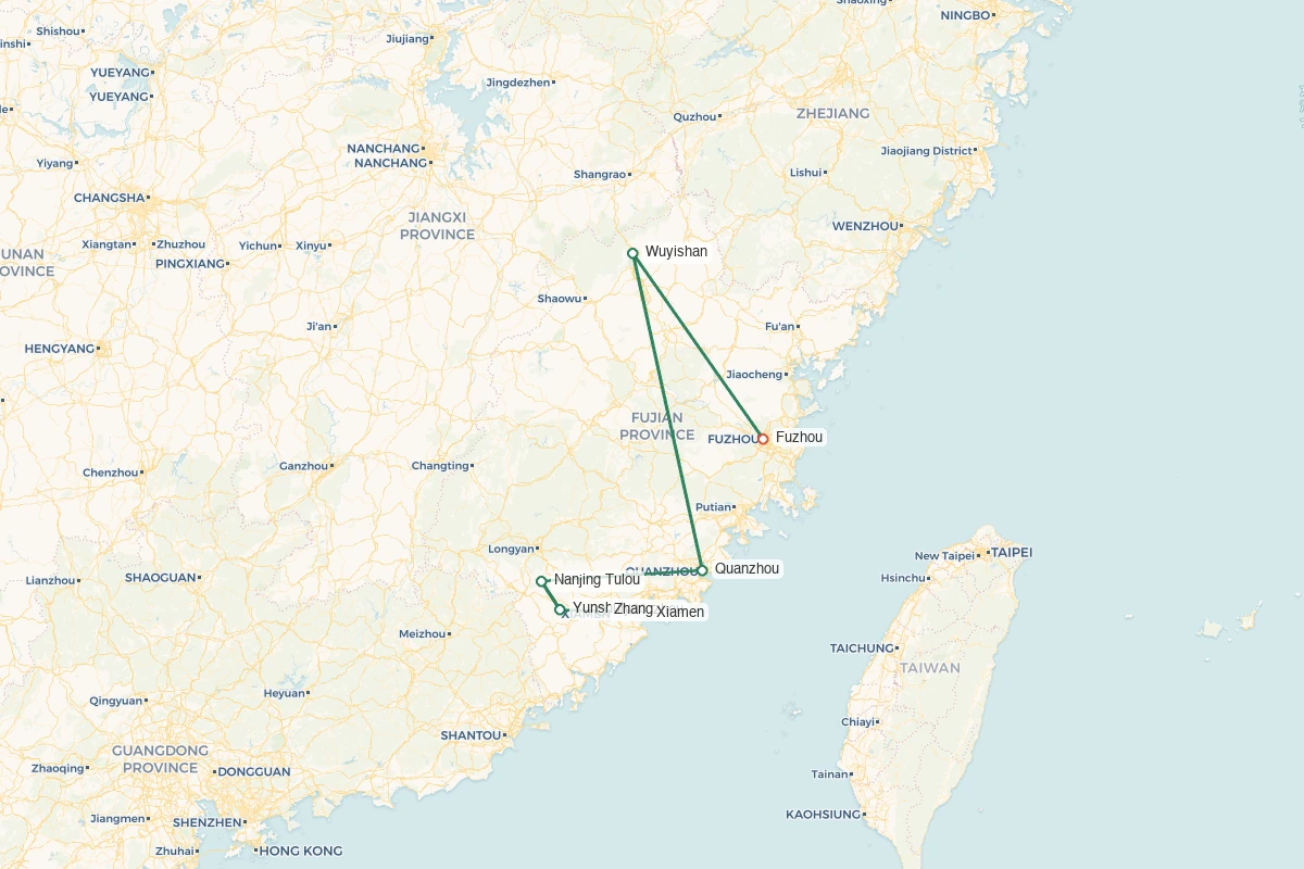 Fujian · Tea Hills Tulou & Maritime Silk Road – 12 Days 11 Nights route map