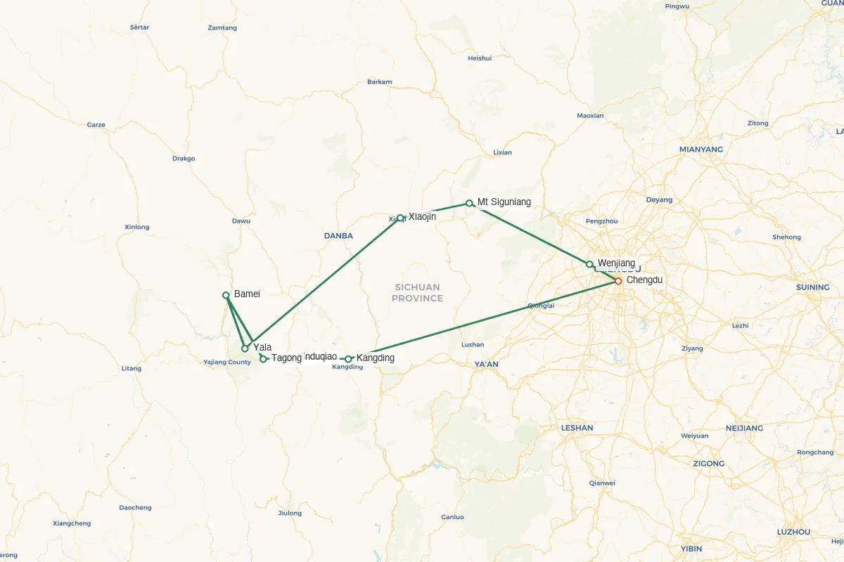 Western Sichuan · Snow Peaks & Tibetan Highlands – 8 Days 7 Nights route map