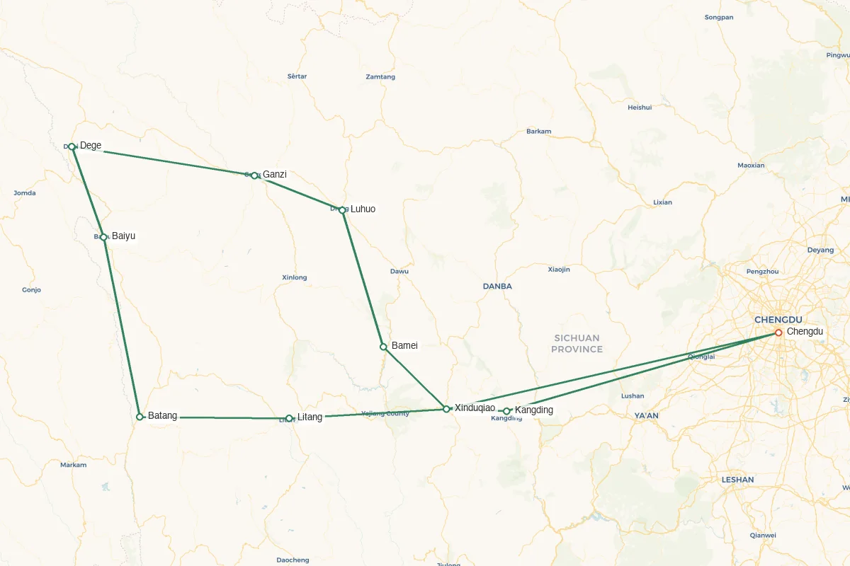 Western Sichuan · Plateau Temples & Tibetan Craft – 14 Days 13 Nights route map