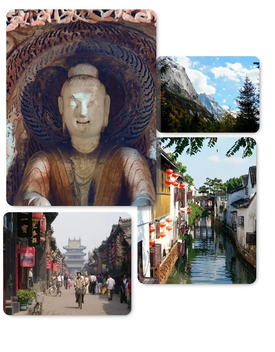 China cultural travel collage with Buddha, landscapes, and street scenes