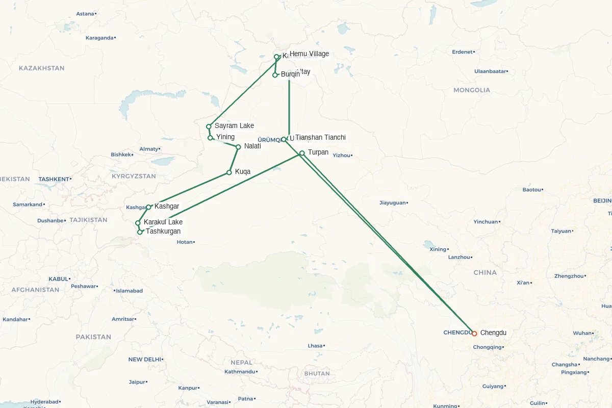 Xinjiang · Silk Road by Luxury Train – 16 Days 15 Nights route map