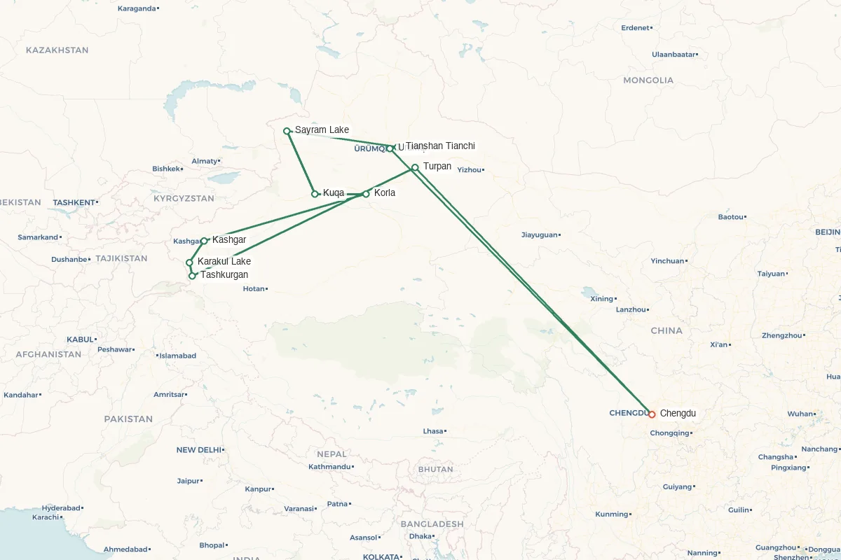 Southern Xinjiang · Silk Road by Panda Train – 13 Days 12 Nights route map